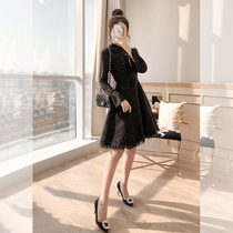 Small black dress sexy 2021 new womens autumn French long sleeve sequined woolen Hepburn black dress