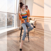 Three sets of cardiovert knitted hanging band shirts women dress 2022 new spring fashion net red casual jeans suit