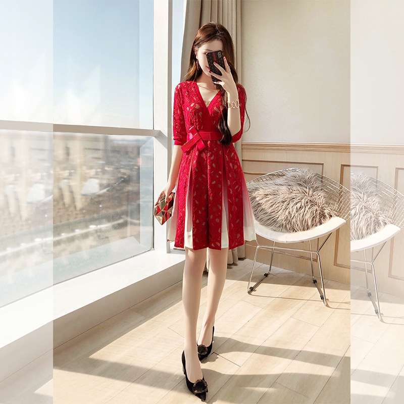 Dress suit skirt two-piece autumn dress 2022 new sexy gradient lace early autumn gentle red dress