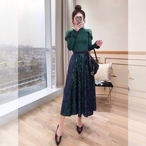 Set skirt pleated skirt 2021 new autumn womens sequins long skirt knit sweater sweater skirt two-piece set