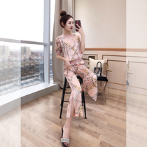 Casual Fashion Suit Women Dress Foreign Air Slimy Blouse Blouse Blouse Pink 2022 New Summer Broadlegged Pants Suit