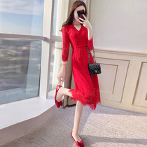 Wedding dress bride back to the door clothes autumn clothes 2021 new womens temperament hollow lace big red dress