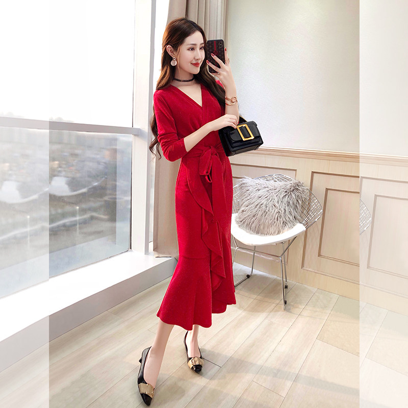 French dress temperament knee length skirt with coat fishtail skirt 2022 new autumn women's red dress