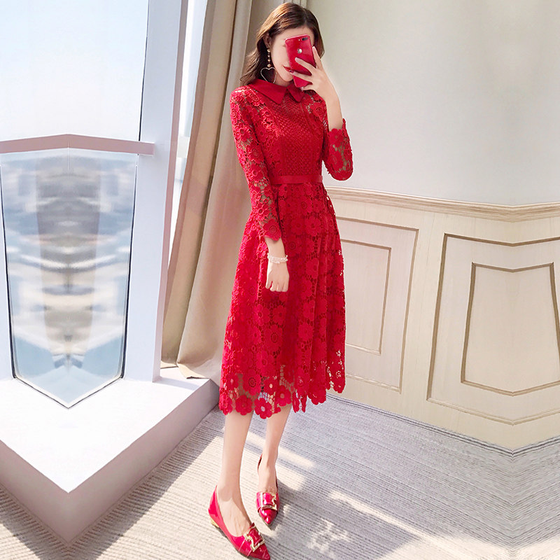 Back door dress bride autumn and winter dress winter women's clothing 2022 new temperament long-sleeved red lace dress - Taobao