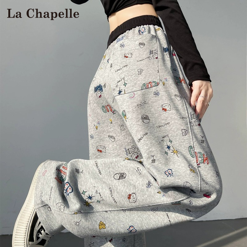 La Chapelle グレーシミター スウェットパンツ レディース 春秋 2025 新作 アメリカン カートゥーン グラフィティ ドレープ ワイドレッグ スウェットパンツ