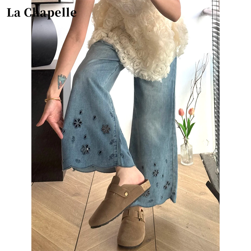La Chapelle Floral Hollow-Out Embroidered Jeans for Women, Summer Thin High-Waisted Drapey Petite Cropped Wide-Leg Pants