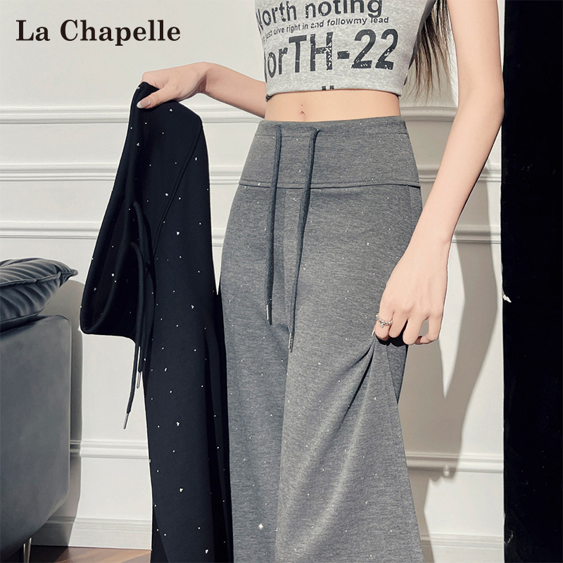 La Chapelle Gray Rhinestone Starry Sequin Straight-Leg Pants for Women, New Spring and Autumn Style, Petite Loose Slimming Wide-Leg Pants