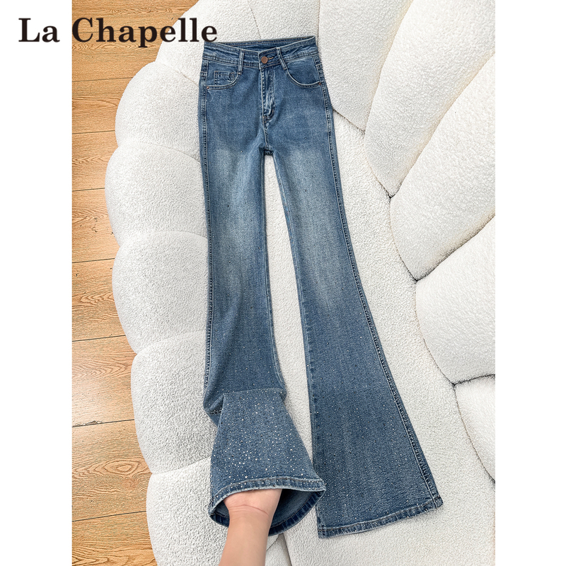 La Chapelle Retro Blue Rhinestone Flared Jeans for Women, New Summer High-Waisted Slim-Fit Stretchy Bootcut Pants