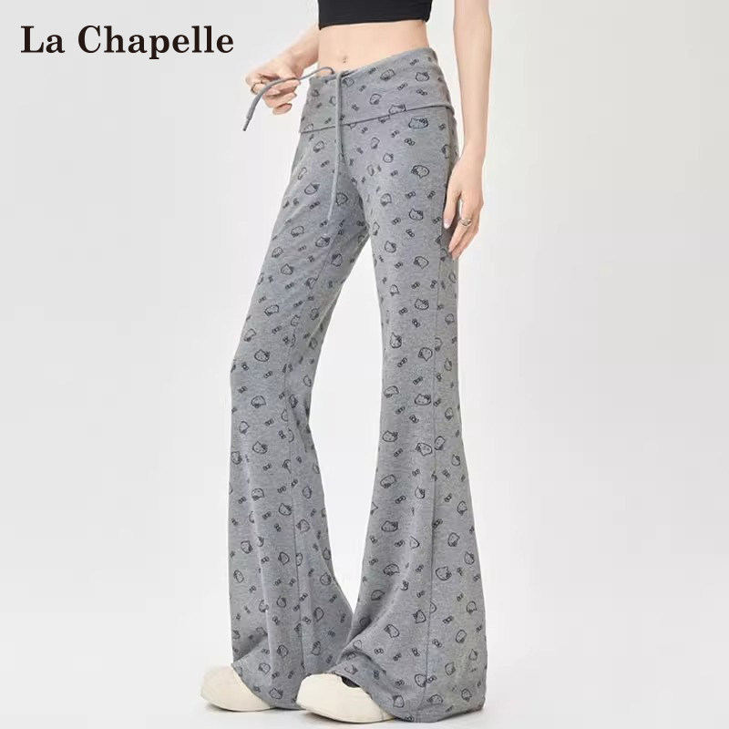 La Chapelle Kt Cat Print Flared Sweatpants for Women, Spring/Summer 2026 New Style, Low-Waist Yoga Bell-Bottom Pants