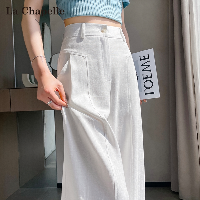 La Chapelle White Ice Silk Wide-Leg Pants for Women, Summer Thin Linen Pants, High-Waisted, Drapey, Loose, Scimitar-Style Suit Pants