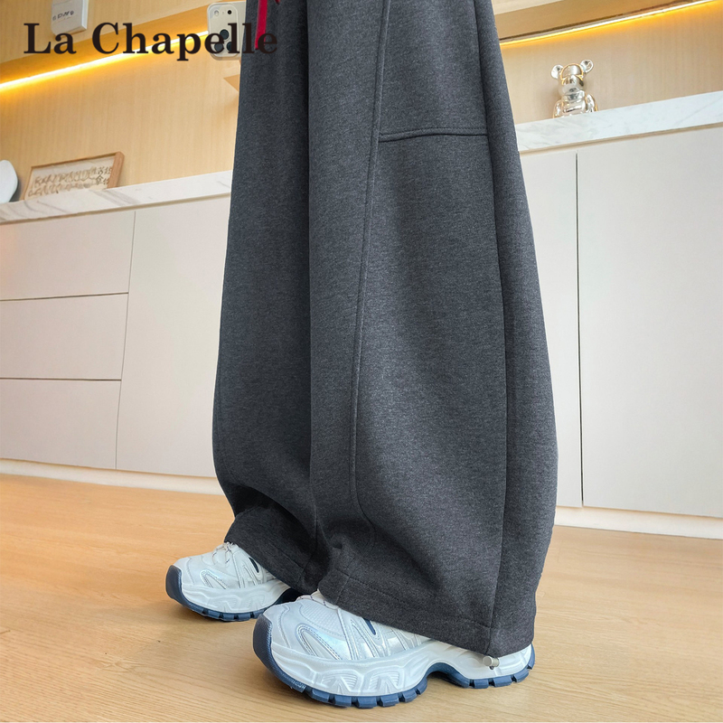 La Chapelle Gray American-Style Scimitar Sweatpants for Women, Spring and Autumn 2026 New Straight-Leg Loose Jogger Wide-Leg Sweatpants