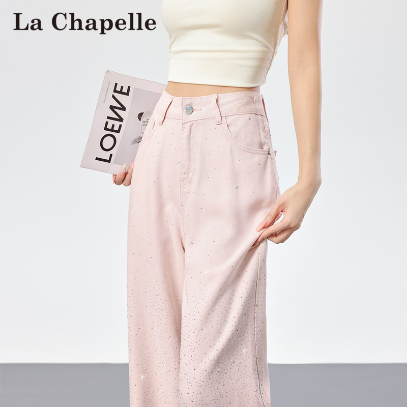 La Chapelle Pink American-Style Rhinestone Straight-Leg Jeans for Women, Summer Petite Pear-Shaped Figure Narrow Wide-Leg Pants