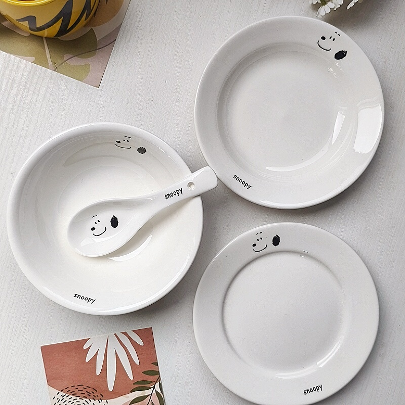 Korean-Style Snoopy Cute Single-Serving Tableware Set, Beautiful Bowls, Plates, and Dishes ins High-Quality Items, Microwaveable and Dishwasher Safe