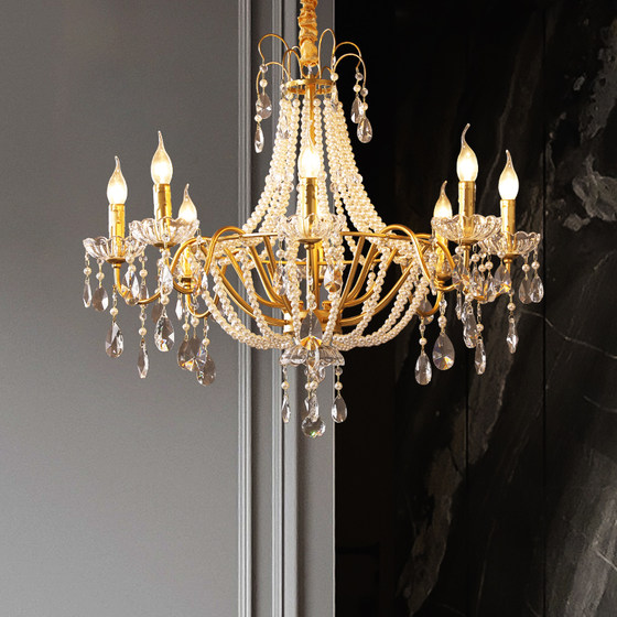 French Retro Candle Lamp Pearl Staircase Crystal Lamp Luxury Dining Room Living Room Bedroom Country American Crystal Chandelier