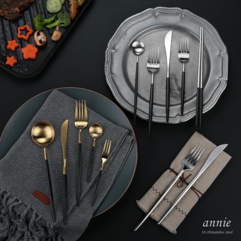 Black gold steak knife and fork spoon three-piece set 304 stainless steel Portugal European gilded Western tableware silver set