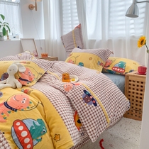 Childrens bed double-sided milk velvet four-piece set ins small fresh duvet cover sheets Coral velvet flannel winter set