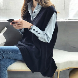 V -neck long vest shirt sweater two sets of female Korean version of the women's loose outer wearing vest college wind shirt