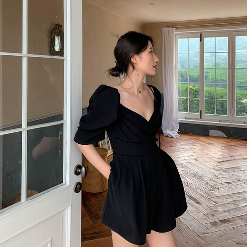 Ретро летний комбинезон, 2023, французский ретро стиль, по фигуре, рукава фонарики