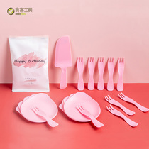 Food Guest Tool Upscale Birthday Cake Six Color Knife Fork Tray Disposable Cutlery Suit Thickening Customizable