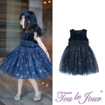 Toulejour Girls Wear Inflated Shiny Print Powder Big Hhem Velvet Mesh Lace Belt Dress Dress