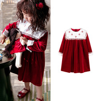 Toullejour girls clothing retro web yarn bronzed with large upturned collar French cuffs with high breasted line New Year red dress