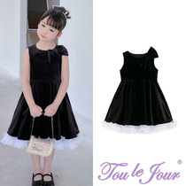 Gorgeous little fragrant wind girl outfit extravagant black swanky single shoulder butterfly knot sun skirt hem mesh yarn lace gown dress