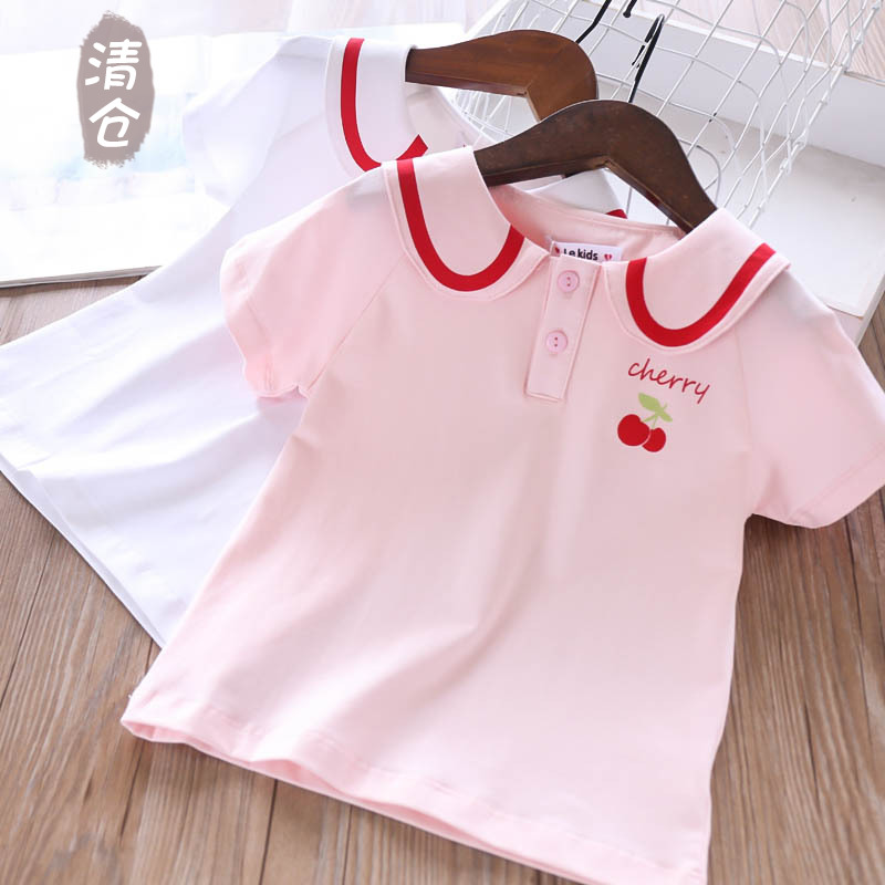6 Fold Little Treasure House Summer Loaded Girl Collision Color Collar Printed Letter Cherry Boy T-Shirt Baby College Wind T-shirt Short Sleeve