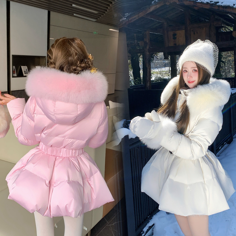 Bingbing Is Here | 【Pink Mist Sweet Flower】 Zhao Jinmai's Same Style Pure Desire Fox Fur down Jacket with Waist-Cinching Hooded Coat