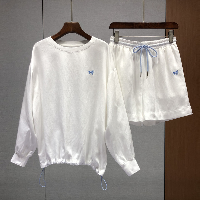 Now Nanyou # Linen Embroidered T-Shirt and Shorts Set for Women, European Style, Autumn New Style, Lace-Up Drawstring Two-Piece Set 87D19