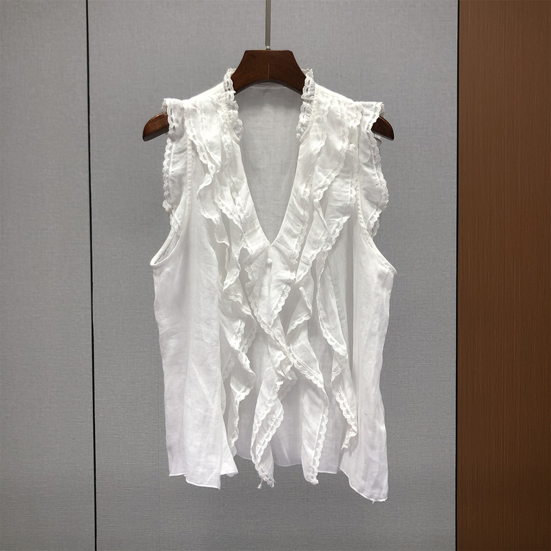 High-Quality Goods # Ruffled Lace Trim Ramie Vest for Women, European Style, New Summer Design, Elegant V-Neck Top 84K37