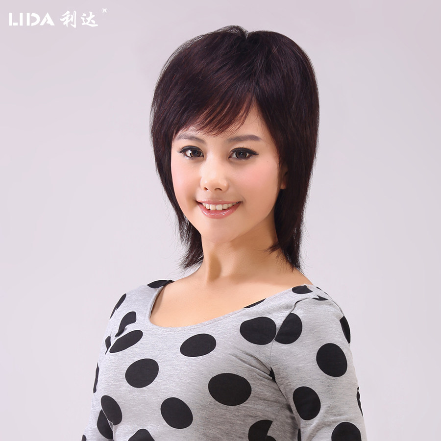 利达真发假发女中长发 蓬松修脸 真人发丝假发中长直发整顶假发套