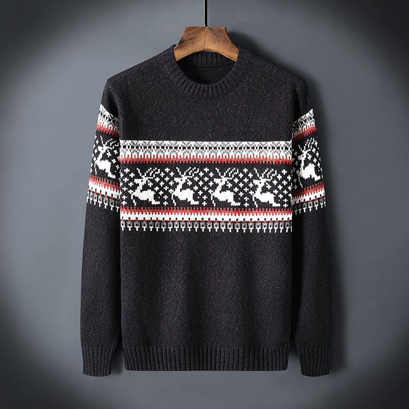 Winter Men's Sweater, Loose Fit, Large Size, Trendy Round Neck, Red Christmas Reindeer Knitwear, Fleece-Lined, Thick Pullover Winter Men's Sweater, Loose Fit, Large Size, Trendy Round Neck, Red Christmas Reindeer Knitwear, Fleece-Lined, Thick Pullover