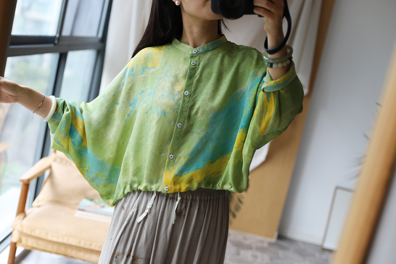 [Intangible Cultural Heritage Ink Pool Handmade] Ironwood Woven Handmade Material the Legend of the Four Sutra Twist Bat Sleeve Shirt Button
