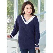 (clear cabin RMB120 ) large code womens clothing 2021 winter irregular embroidery hit color V neckline headliner wool blend sweater