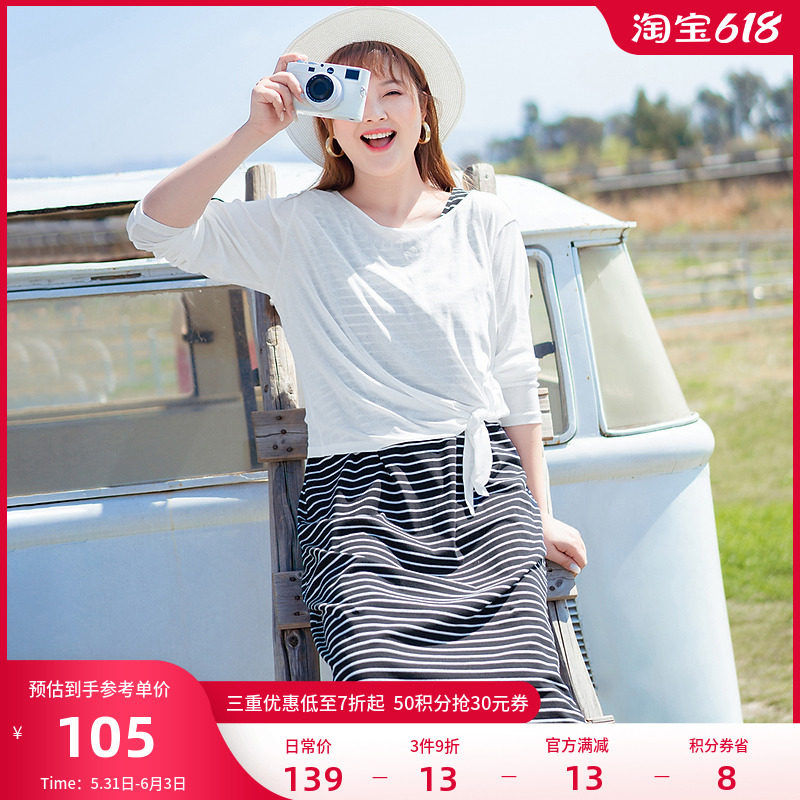 MSShe big size women's dress 2022 new summer dress fat mm knit hood striped vest two style foreign dress