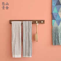 北欧极简黑胡桃毛巾架卫生间单杆双杆黄铜实木免打孔挂钩浴室挂架