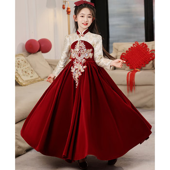 Girls' Red Evening Dress Autumn and Winter 10-Year-Old Girl's Birthday Princess Dress Kidsren's Host Performance Clothing Winter Classy