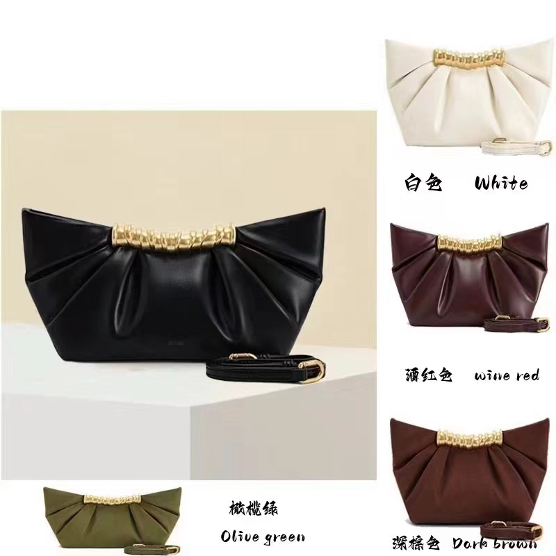 Pleated Leather Metal Clutch Bag, Fashionable High-End Commuting Shoulder Crossbody Cloud Bag