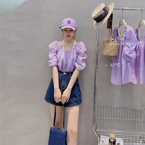 Sweet Potato Purple Shirt Woman Summer 2022 New European Station European Goods Tide Bubble Cuff Design Sensation Small Crowdleader Blouse