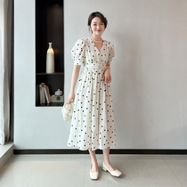 White Wave Dot Snowspun Tandem Dress Womens Summer 2022 New Stock Fashion Collection Waist Display Slim Foam Sleeves Tea Hysteria