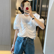 Bubble Sleeves Blouse Women Summer 2022 New European Station European Stock Tide Short Sleeve Design Sensation with small crowdsourced Shoulder Folds T-shirt