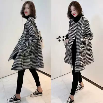Thousand Bird Jacket Women's Medium Long Edition Europe Station 2021 Autumn and Winter New European Women's Cloak Black and White Hairy Coat