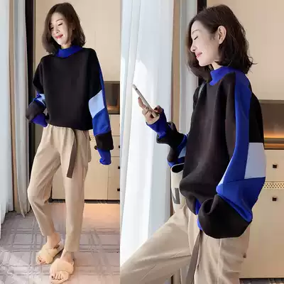 Space Cotton Sweat Women Europe Station 2021 Spring and Autumn New European Tide Korean Loose Fashion Blue Splice Top