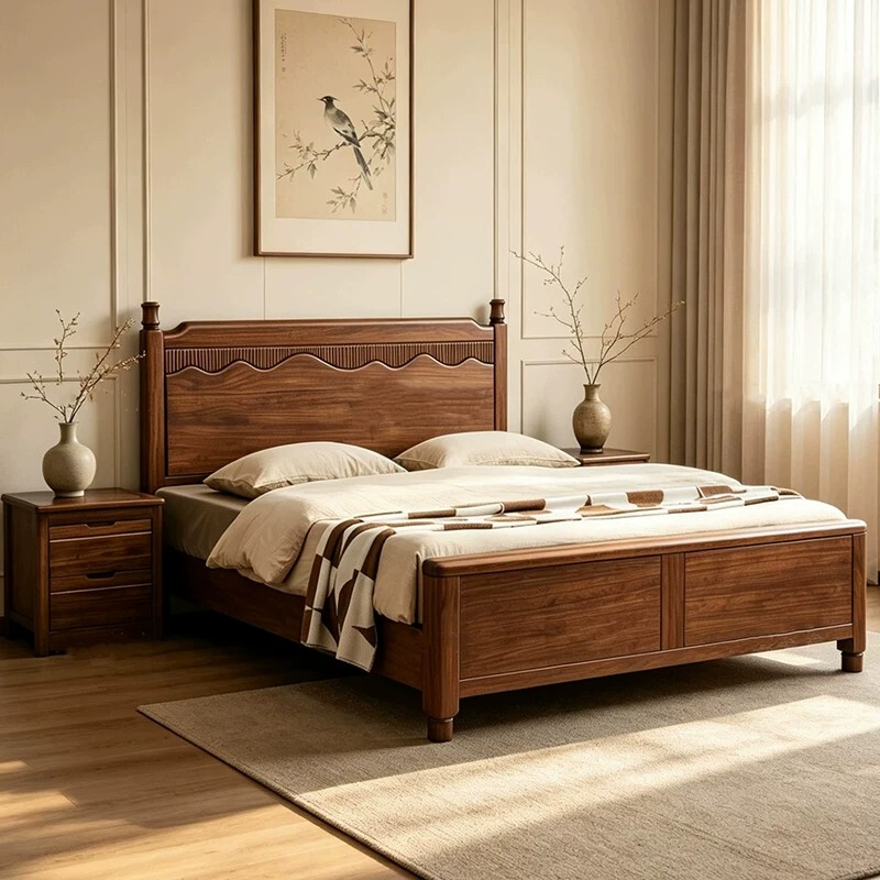 Master Bedroom High-End and Elegant 2026 New Model Double Bed Black Walnut Solid Wood Bed 1.8m Double Bed 2m X 2.2m Master Bedroom High-End and Elegant 2026 New Model Double Bed Black Walnut Solid Wood Bed 1.8m Double Bed 2m X 2.2m