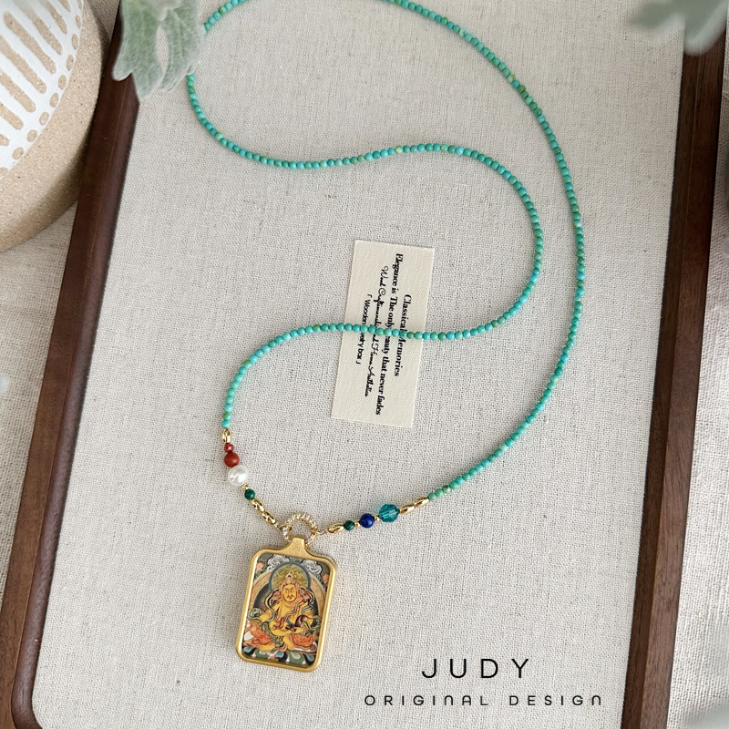 Judy Original Design Turquoise Crystal Buddha Amulet Chain Pendant Hanging Chain Sweater Chain Thangka Beeswax Gold Pendant Chain