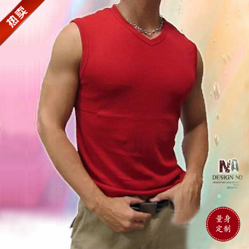 Fashion New Men's Clothing Men's Small V Collar Date Red Vest Men's Pure Cotton Kan Shoulder Sleeveless Fitness Exercise Custom