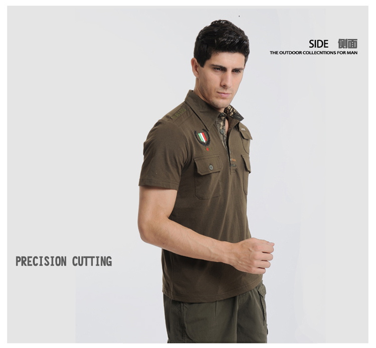 Mùa hè ngoài trời Ngụy trang lĩnh vực Quần áo Cotton giản dị đứng cổ áo ngắn tay quân đội Áo thun nam đặc biệt - Những người đam mê quân sự hàng may mặc / sản phẩm quạt quân đội quần áo rằn ri đặc công