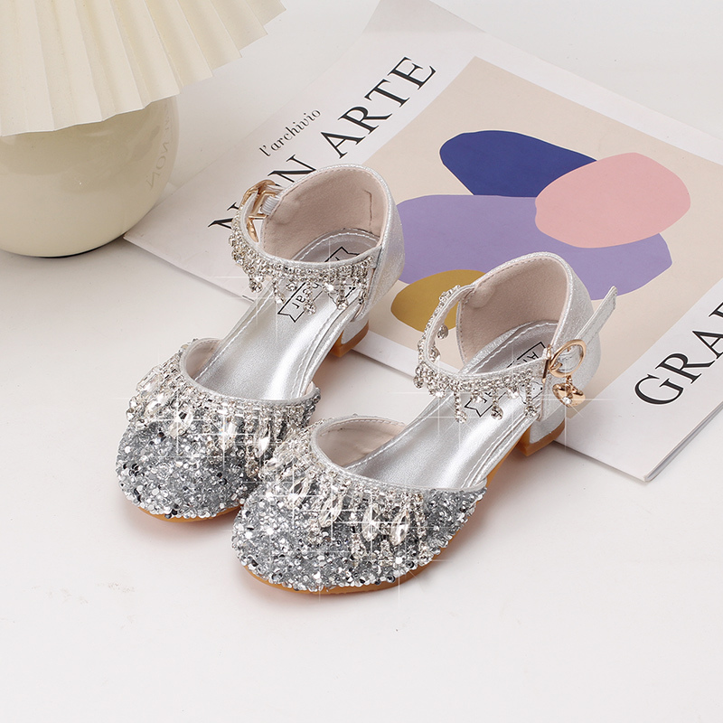 Girls' High-Heeled Princess Shoes Model Catwalk Performance Leather Shoes Silver Kidsren's Dress Skirt Shiny Stage Crystal Sandals Girls' High-Heeled Princess Shoes Model Catwalk Performance Leather Shoes Silver Kidsren's Dress Skirt Shiny Stage Crystal Sandals