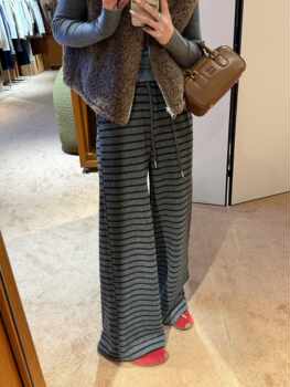 Niche Design 25 Autumn/Winter New Retro Casual Striped Pants Elastic High-Waisted Straight Thickened Warm Simple Versatile