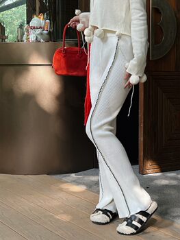 24 Autumn/Winter New Korean Style Design Ruffled Edge Slimming Straight Wool Casual Pants Women's Versatile Fashion Long Pants